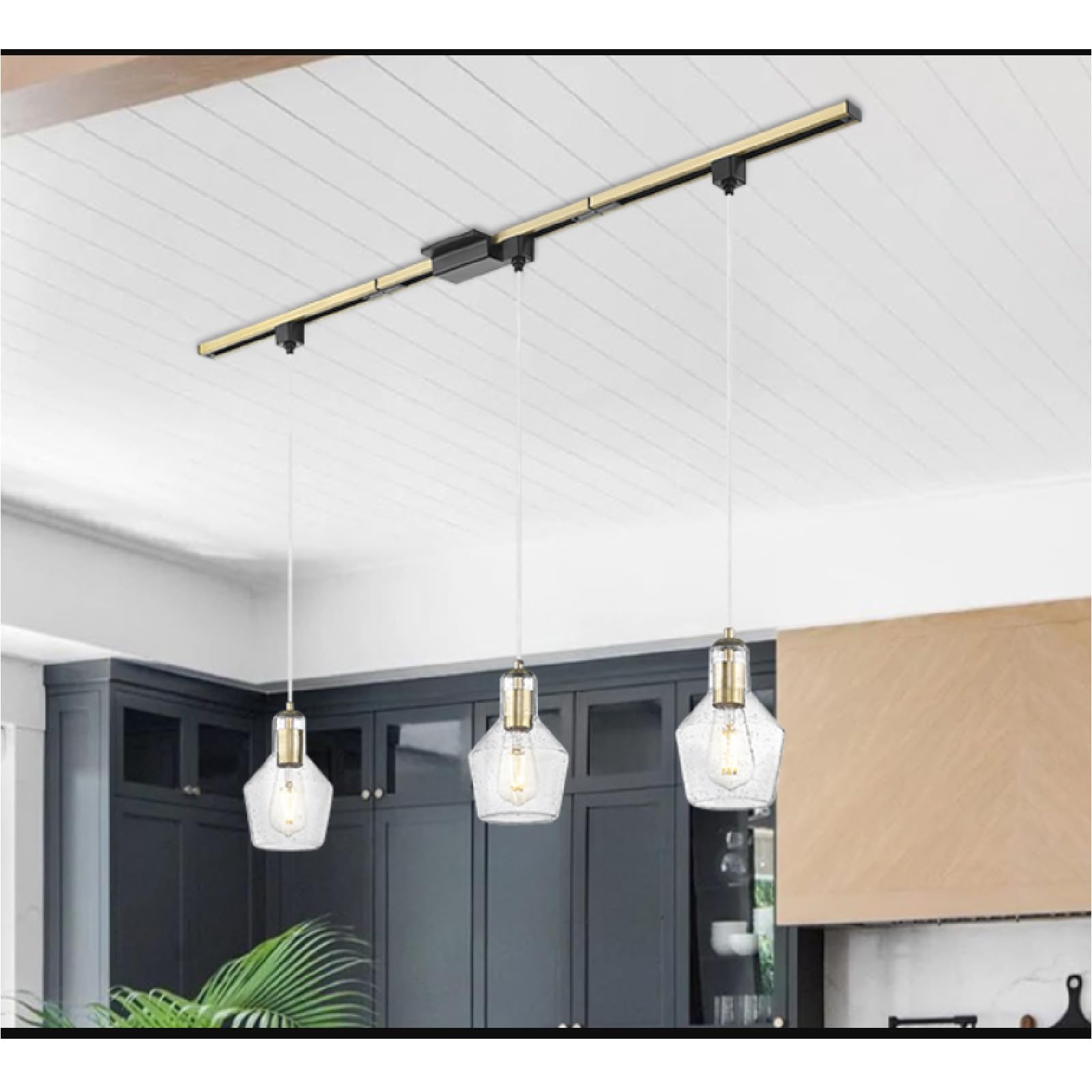 Photo 1 of Starcurin 3-Pack H-Type Track Hanging Light, Modern Kitchen Track Ceiling Light Fixture with Seeded Glass Shade and Aluminum Alloy Rail Bar for Dining Room, Brushed Gold Tracking Lighting Pendant