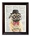 Dictionary Art Print - Sir Pug Moustache and Bow Tie- Printed on Recycled Vintage Dictionary Paper - 8