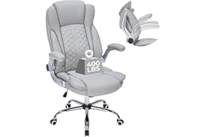 HESL 400lbs Executive Office Chair with Flip-Up Armrests, Big and Tall Computer Chair for Heavy People, Heavy Duty Ergonomic Comfy Chair, Breathable PU Leather (Grey)