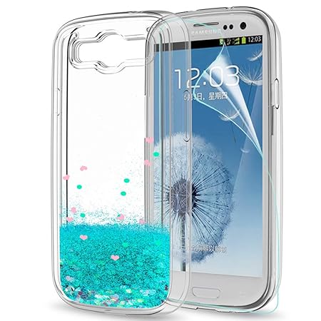 LeYi Hülle Galaxy S3 Glitzer Handyhülle mit HD Folie Schutzfolie,Cover TPU Bumper Silikon Flüssigkeit Treibsand Clear Schutzh