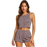 Dynvernal Pajama Sets for Women Cheetah Print Soft Sleepwear 2 Piece PJs Sets Nightwear Crew Neck Tank Tops Short