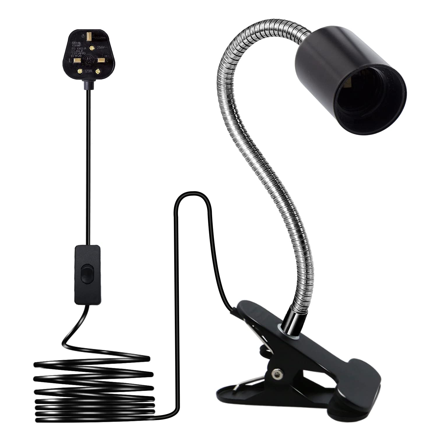Wrpacttg Clip on Light,Clip Desk Lamp,Clip on Bulb Holder with 220CM Cable,9MM&350MM Thickened Lengthened Gooseneck Clamp Lamp,360 Degree Clip Flexible Light for Bedside Offices