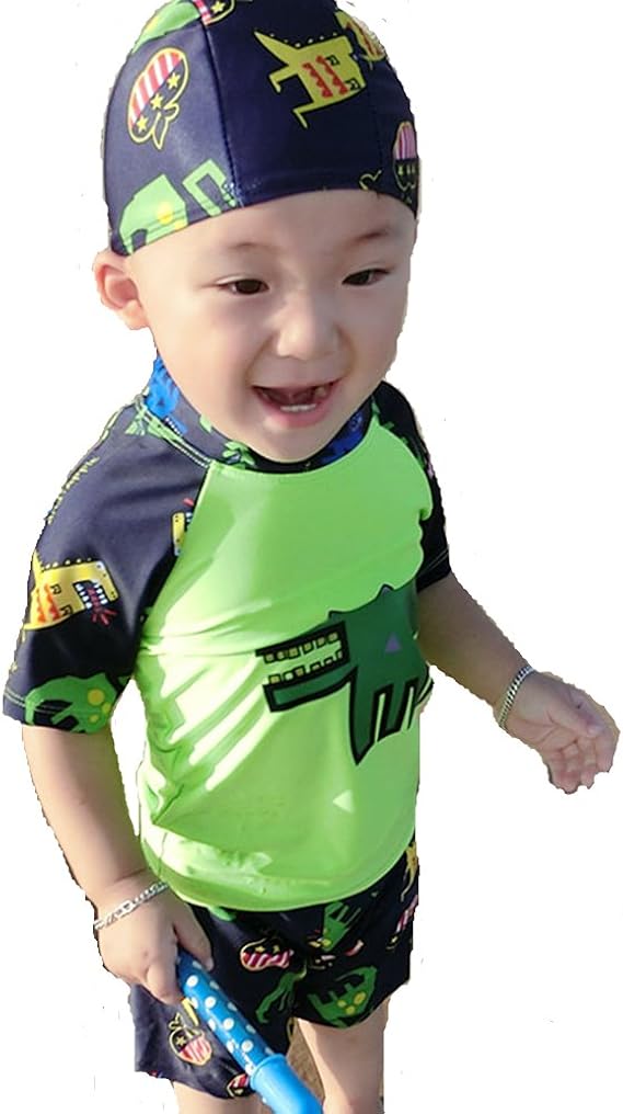Amazon Abc水着 超可愛い子供服 水着 帽子付き 2点セット 子供 男児 水着 ラッシュガード 男の子 キッズ水着 動物柄 キッズ 6 グリーン 水着 通販
