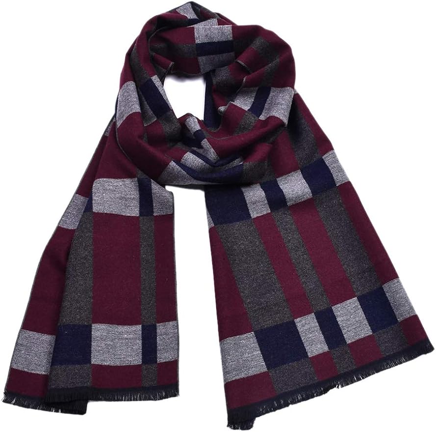 Men Winter Wool Scarf Warm Soft Cotton Plaid Classic Scarves Red One