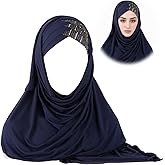 Fnjuucw Sequin Hijab Muslim Head Wrap, Solid Color Scarf Lightweight Long Adjustable Islamic Stretch Elastic Head Cover for Women (navy blue)