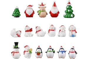 HAILUII Christmas Miniature Ornaments Kit, 17PCS Mini Christmas Figures Santa Claus Snowman Penguin Reindeer Xmas Tree Christmas Mini Resin Figurines Decoration for Fairy Garden Cake Dollhouse Snow Globes