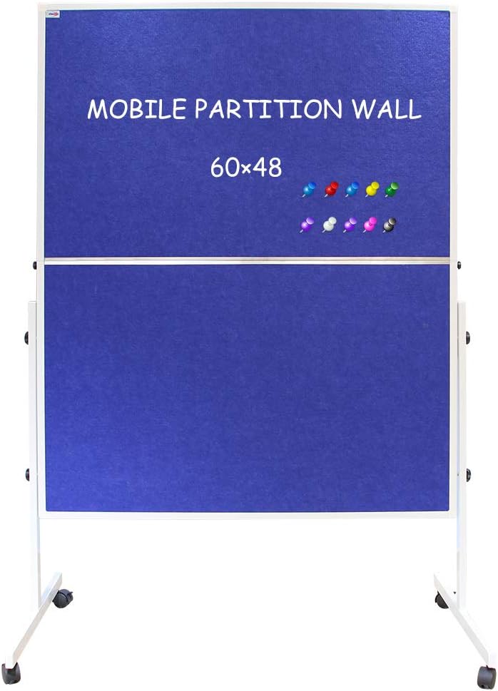 XIWODE Foldable Mobile Room Divider/Office Partition, Double Sided Blue Fabric Bulletin Board on Wheels Rolling with Stand, 60 x 48 Inches, 10 Colorful Push Pins Included for Display and Presentation