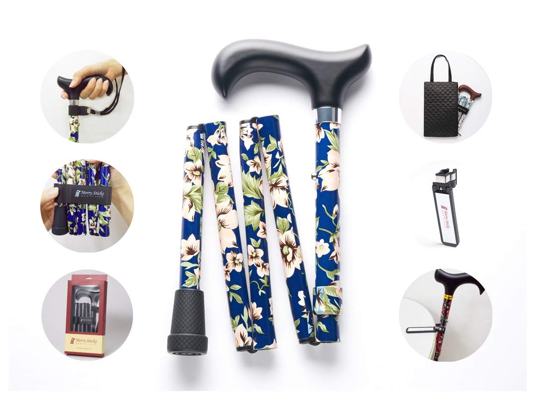 Merry Sticks Folding Adjustable Designer Walking Stick, Tahiti Blue, Includes a Practical Stick Pocket and an Intelligent Reflective Stick Holder