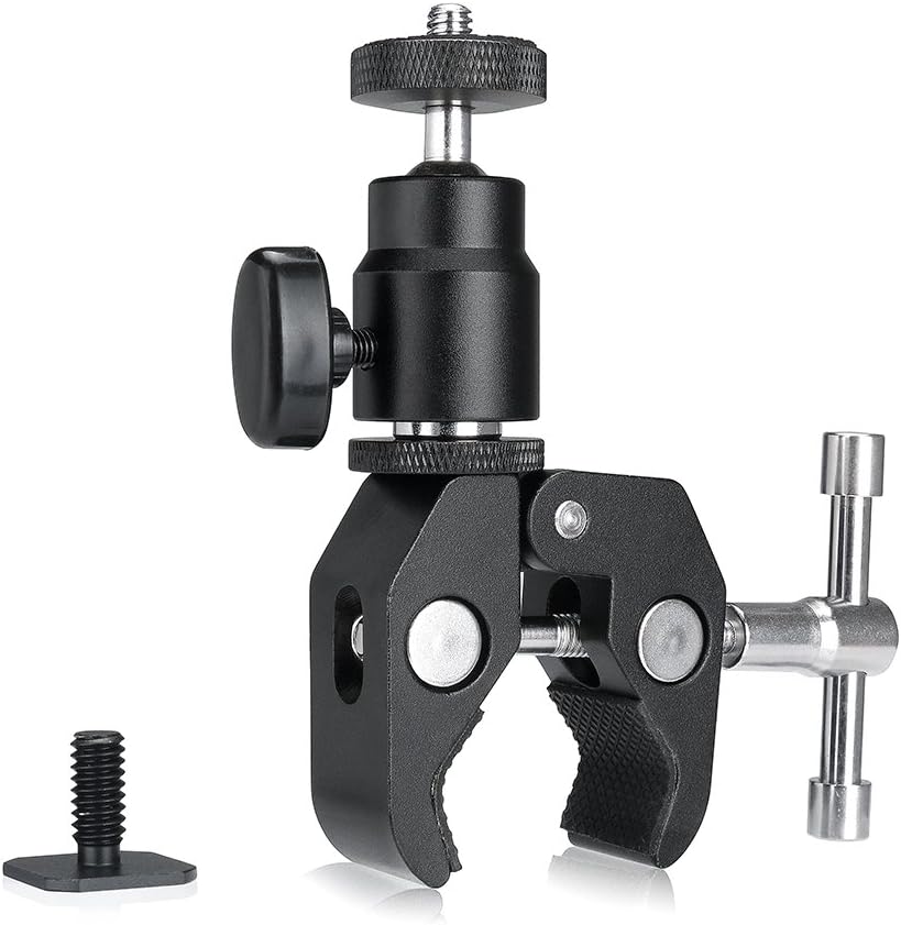 FOTYRIG Ball Head Camera Clamp Magic Arm Super Clamp w/ 1/4-20 Thread Hot Shoe Adapter For GPS Phone LCD/DV Monitor, LED Lights, Flash Light, Microphone and More
