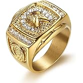 Lucky Gold Plated CZ Bling Horseshoe Ring for Men,Iced Out Horse Ring,Unique Western Stainless Steel Ring Biker Vintage Square Hip Hop Rocker Fashion Equestrian Jewelry