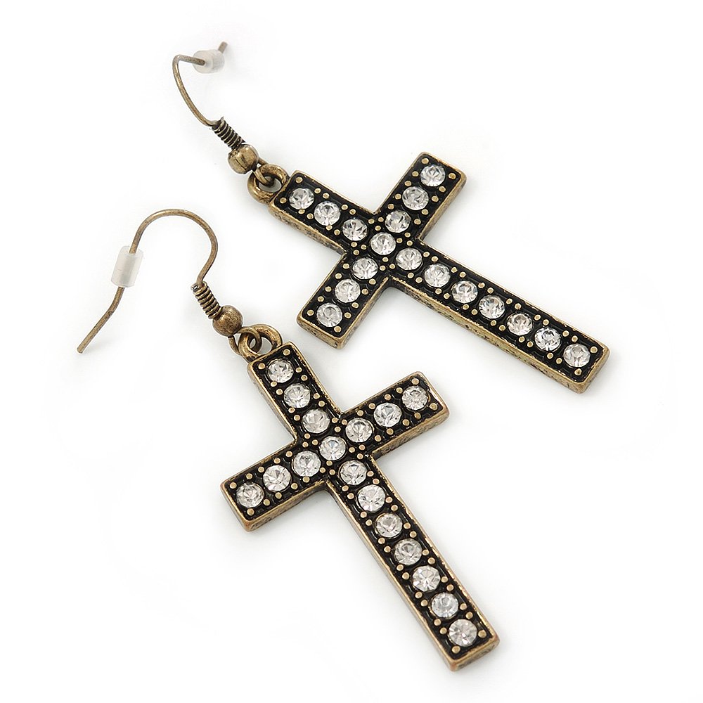 Clear Crystal Cross Drop Earrings/Aged Gold Tone/ 60mm L