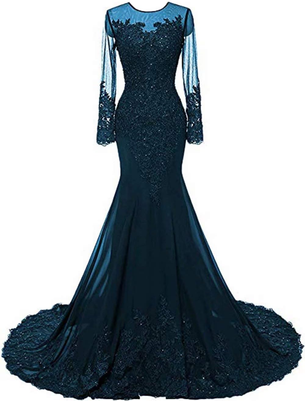 RmaytikedMermaid Prom Dresses Long Sleeves Lace Beaded Appliques Formal Evening Dresses Ball Gowns for Women