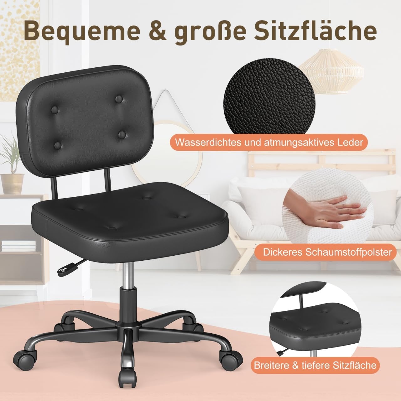 AnyGod Schreibtischstuhl ohne Armlehne für Home Office, Kompakter Drehstuhl mit Rollen & Höhenverstellbar, Ergonomischer Computerstuhl für kleine Räume, Arbeitszimmer & Schminktisch, PU-Leder Schwarz 4