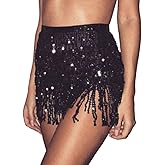 Kakaco Sequin Fringe Skirt Sparkly Belly Hip Skirts Tassel Dance Hip Scarf Disco Rave Skirt Costume for Women and Girls