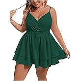 SOLY HUX Women's Plus Size V Neck Wrap Cami Romper Layered Ruffle Hem Short Jumpsuit Outfits