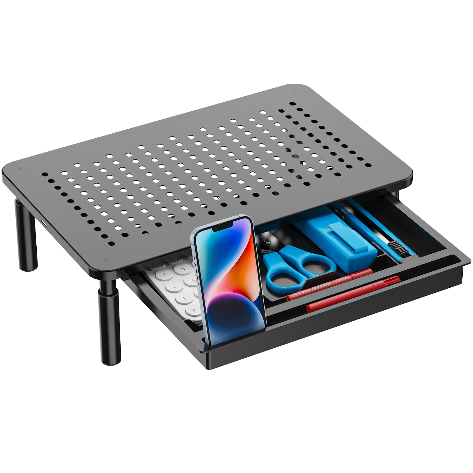 Photo 1 of WALI Computer Monitor Stand with Storage, Desk Monitor Riser 3 Height Adjustable, Laptop Riser with Airflow Vents, Desk Organizer for Computer, Laptop, Printer, Notebook (STT003D-B), 1 Pack, Black