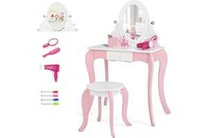 HONEY JOY Kids Vanity, 3 in 1 Wooden Princess Makeup Dressing Table w/Stool, Double Side Mirror & Whiteboard, Drawer w/Fashion Accessories, Toddler Pretend Play Vanity Set for Little Girls