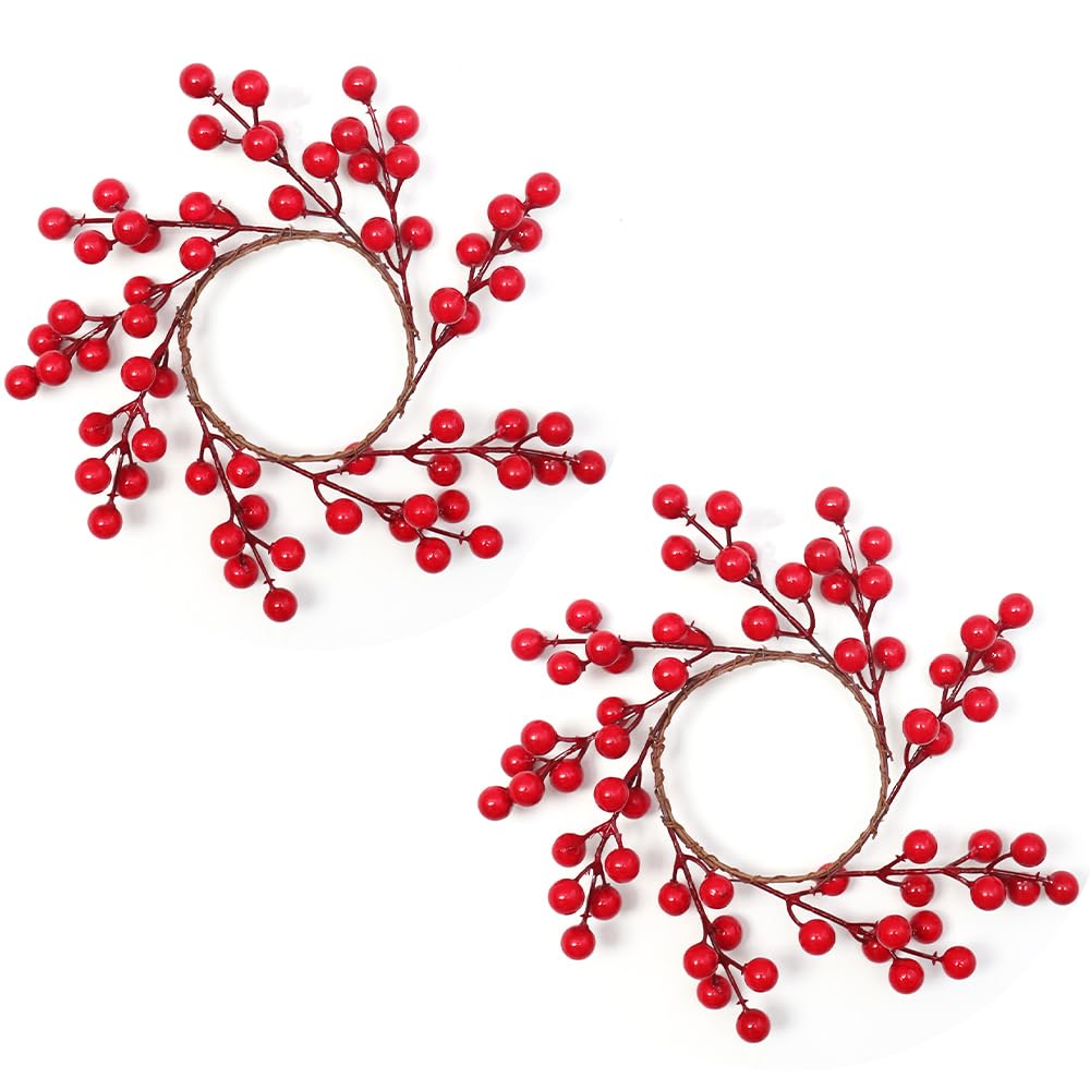 Photo 1 of 2 Pcs Christmas Candle Rings Wreaths Winter Red Berry Candle Rings Artificial Berries Candle Holder Mini Wreaths 3" Center for Xmas Holiday Home Kitchen Table Centerpiece (Christmas red)