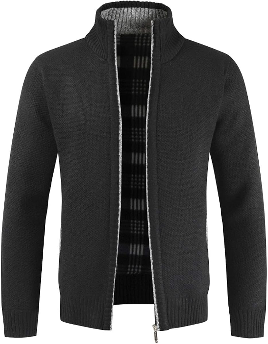 Mens Knitted Cardigan Thick Sweater Full Zip Stand Collar Fleece Lined