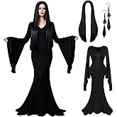 Gothic Witch Costume for Women Halloween Cosplay Costumes Accessories Vintage Dress + Long Black Wig + Earrings