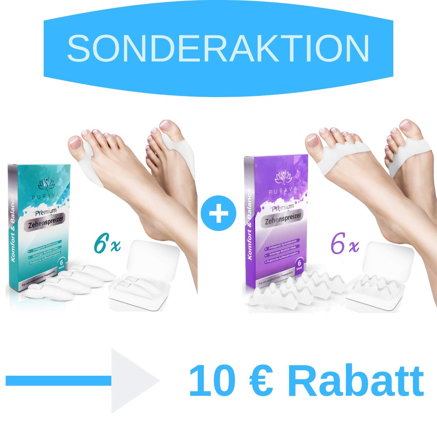 6x Separador de Dedos Pie Hallux Valgus de PURAVA - Con Caja de Transporte Higiénica - Confort Óptimo Gracias a la Innovadora Silicona de Gel Suave - sin BPA - 1 año de Devolución de Dinero - Tamaño Universal
