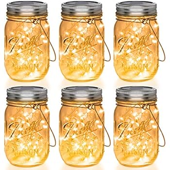 Gigalumi Hanging Solar Mason Jar Lid Lights 6 Pack 15 Led String