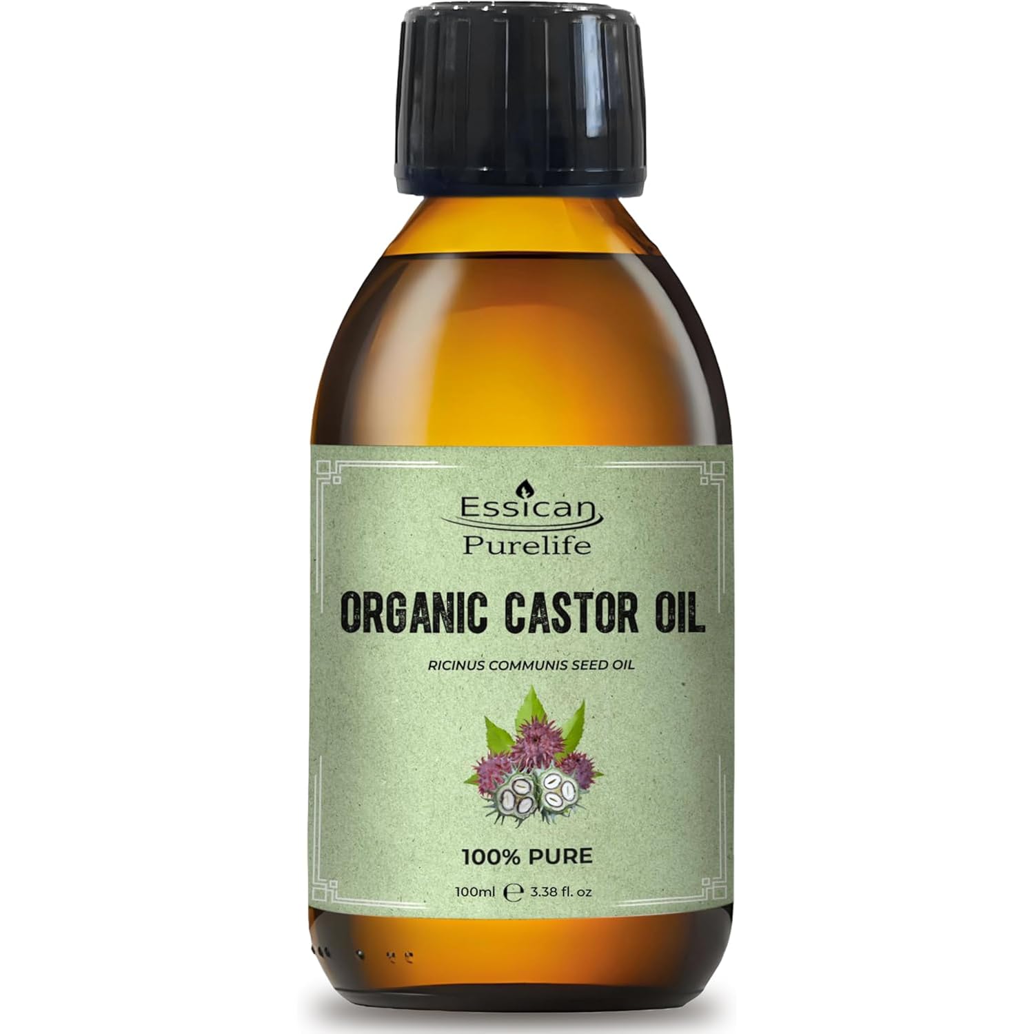 Essican Purelife Castor Oil Organic Hexane Free Glass Bottle 100ml (Pack of 1)- Pure Organic Castor Oil Cold Pressed Natural for Healthy Skin Face Body Eyelashes Brow Hair Growth Vitamin E