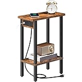 HOOBRO Narrow Side Table, 2-Tier Slim End Table with Charging Station, Skinny Nightstand with Open Storage, for Small Spaces, Living Room, Bedroom, Study, Rustic Brown and Black BF240UBZ01