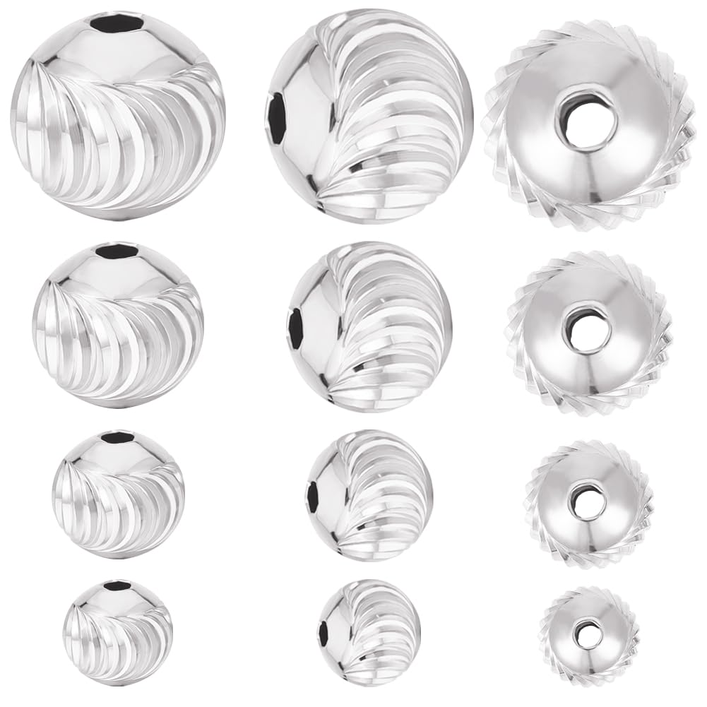 Beebeecraft 1 Box 32Pcs Round Spacer Beads 5/6/8/10mm 925 Sterling Silver Plated Beads Streak Shape Loose Ball for Jewellery Making Charms Findings DIY Craft