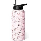 Hqhzaha Pink Bow Water Bottle 32oz Vacuum Insulated Thermoses with Straw Lid Bow Gifts for Women Girls Cute Stainless Steel Travel Tumbler Cup