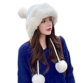Fluffy Knit Beanie Hats for Women Winter Faux Fur Warm Knit Crochet Skull Cap with Pompom Outdoor Ear Cover