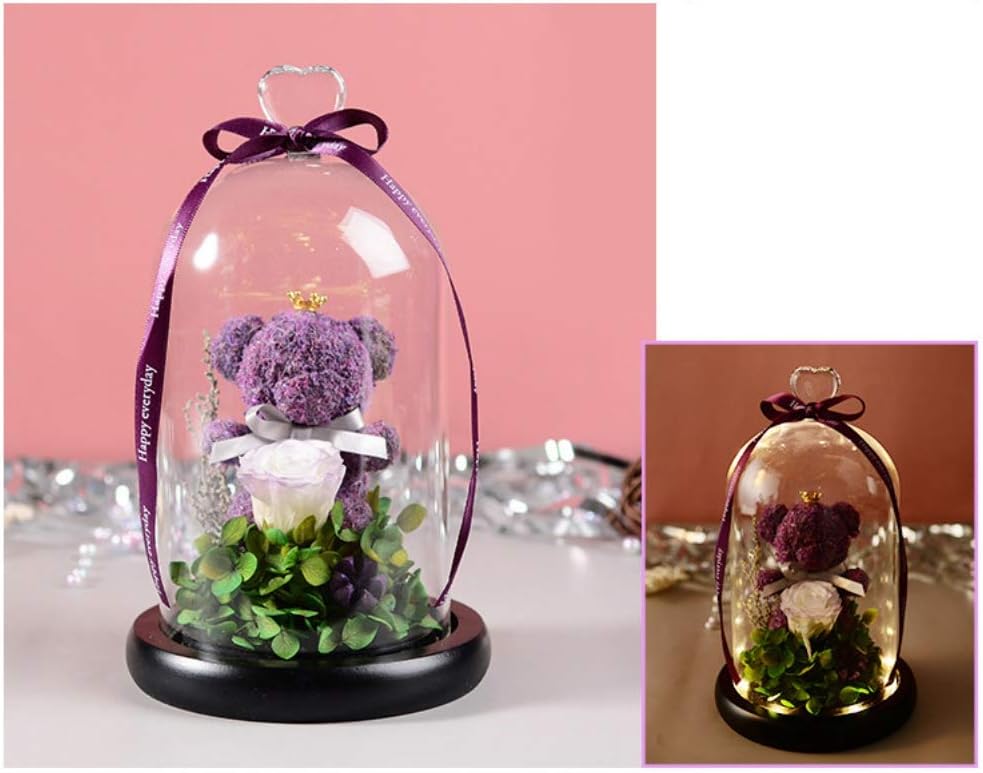 Wenasi Handmade Preserved Rose Bear with Led Lights in Glass Dome On Wooden Base, Eternal Artificial Rose Bear with Flowers Design Wedding Anniversary Valentine's Day Mother Friend Best Gift