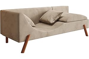 PHOYAL Chaise Longue, Modern Living Room Curved Lounge Chair with 2 Pillows, Velvet Upholstered Lounge Chair for Living Room and Bedroom, 64.9”Chair (Beige)