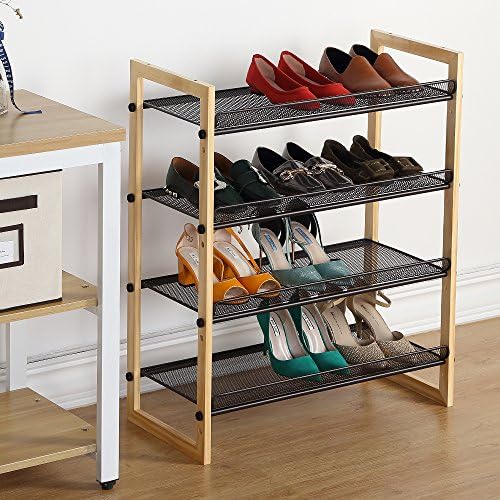 Wooden Shoes Organizer 4 Tier Shoes Rack with Brown Metal Shelves
