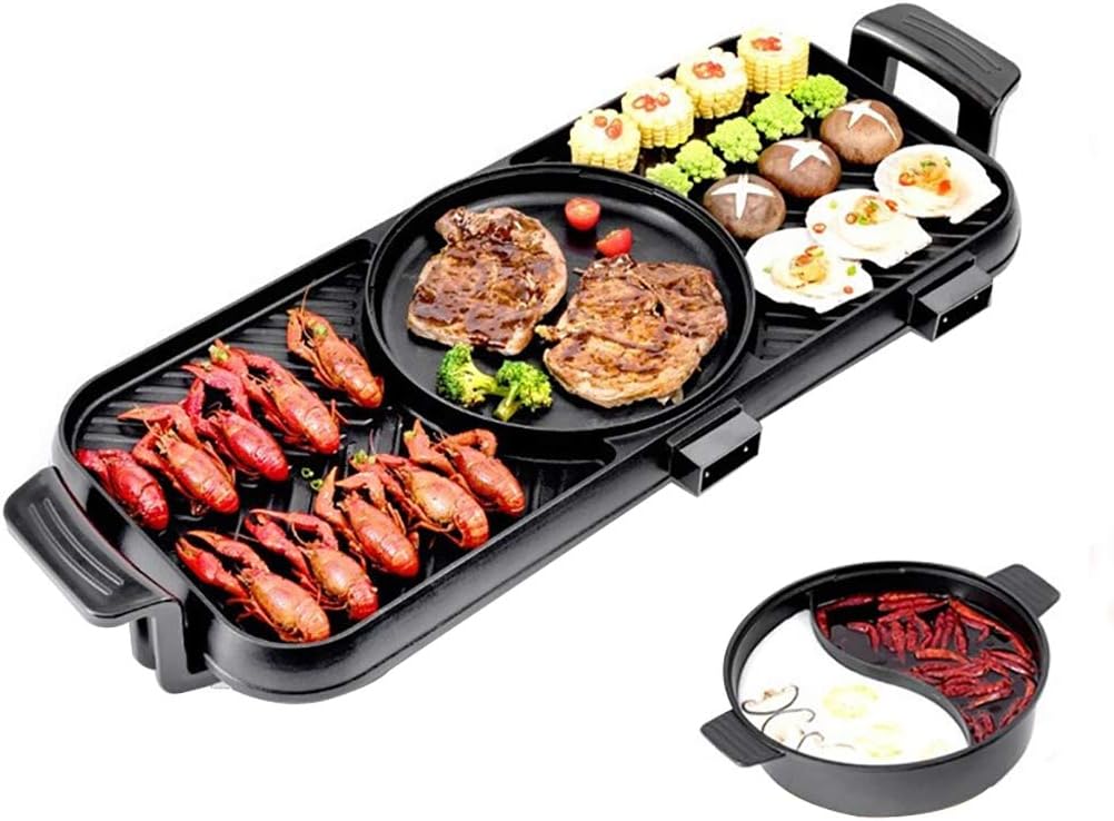 review Electric Grill and Hot Pot, Multi-Function Electric Smokeless Barbecue Shabu Pot, Dual Temperature Control, Easy Cleaning (2200W)