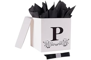 Jaywayang Letter Gift Box with Lid, Ribbon and Warpping Tissue, 8.7" White and Black Gift Box for Men Women Birthday, Baby Shower, Anniversary, Wedding Party Favor Decorative (Medium Letter P)