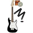 Fender Squier 3/4 Size Kids Mini Strat Electric Guitar Learn-to-Play Bundle with Strap, Picks, Fender Play Online Lessons, and Austin Bazaar Instructional DVD - Black