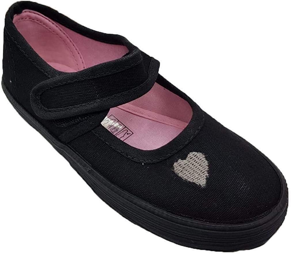 Girls Black School Loveheart Embroidery PE Velcro Pumps Plimsolls Shoes Size 8-4