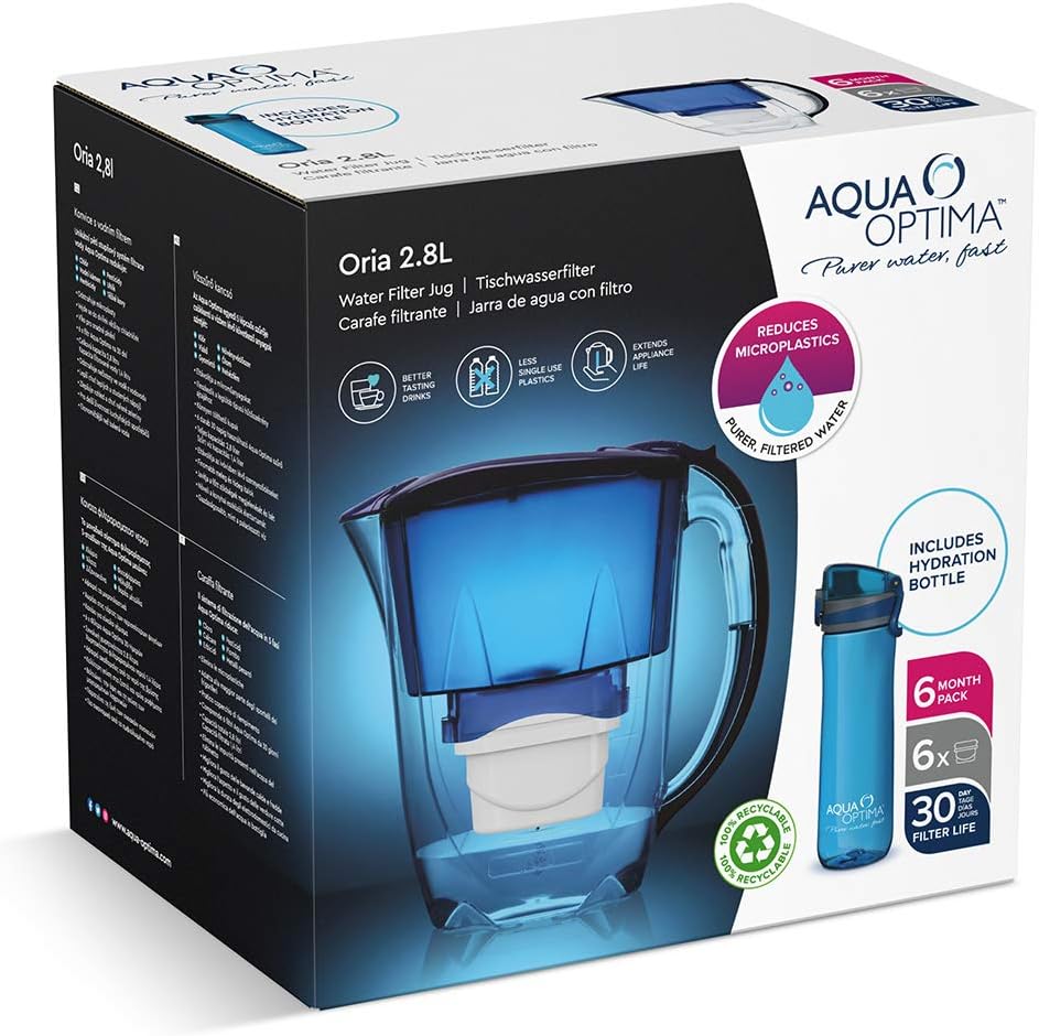 Aqua Optima PJ0550 Fridge Water Filter Jug for Reduction of microplastics, Chlorine, limescale
