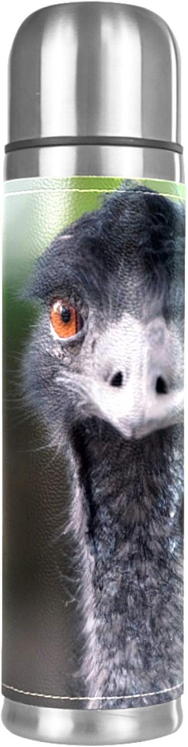 Stainless Steel Leather Vacuum Insulated Mug Emu Bird Animal Zoo Thermos Water Bottle For Hot And Cold Drinks Kids Adults 16 Oz