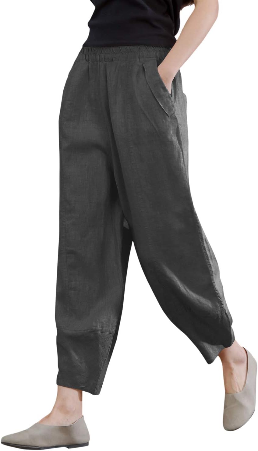 Women's 100% Linen Pants Relax Fit Lantern Cropped TaperedPants Trousers with Elastic Waist