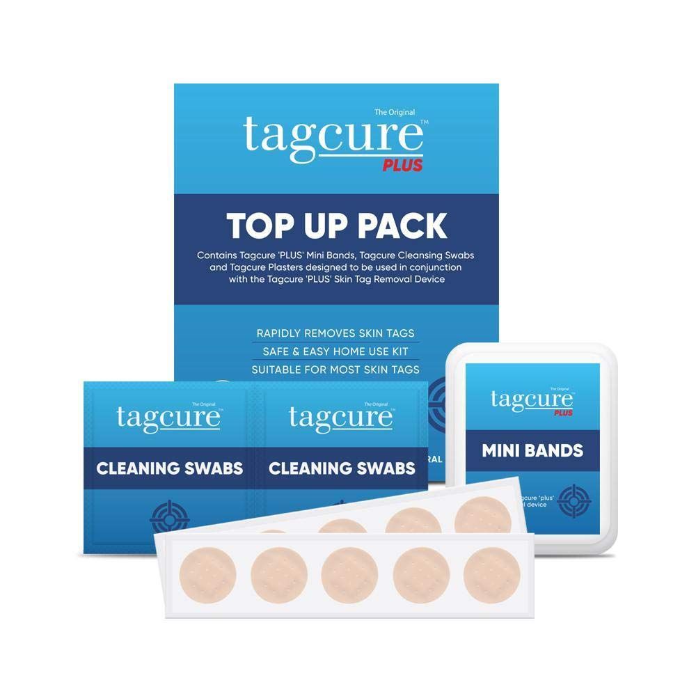 Tagcure PLUS Skin Tag Removal TOP UP PACK For Easy Skin Tag Removal Inc 20x Tag Bands 20x Cleaning Swabs & 20x Plasters (For Skintags 0.5cm or Larger) CONE DEVICE NOT INC This is a Top Up Pack Only