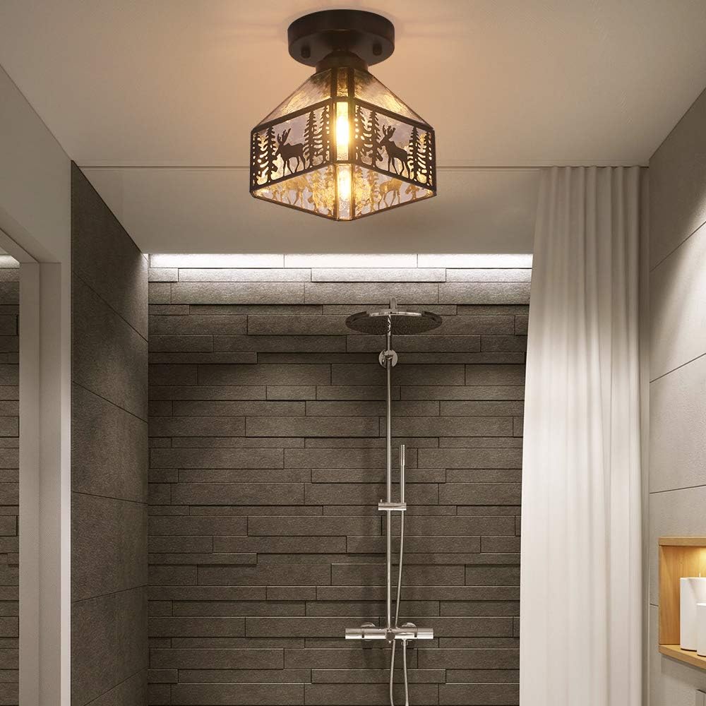 FUNME Copper Deer Ceiling Light with Stone Grain Glass Ceiling lamp Shade for Corridor Aisle Staircase Entrance, 8''(Black) - - 