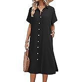 HOTOUCH Womens Dress Summer Casual Midi Short Sleeve Button Down Shirt Dresses Loose Beach Cover Up with Pockets