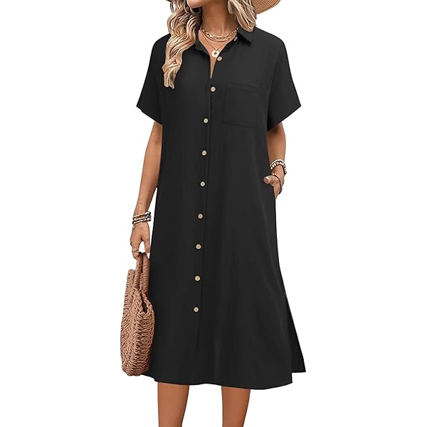 Women Linen Midi Shirt Dress Short Sleeve V Neck Tunic Shirtwaist Midi  Dresses Button Loose Fit Casual Summer Ruffle Hem Shift Shirt Dress Blue at  Amazon Women's Clothing store