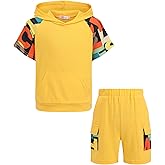 Arshiner Boys 2 Piece Summer Outfits Letter Graphic Colorblock Short Sleeve Hoodie and Short Sets whith Pockets 5-12 Years