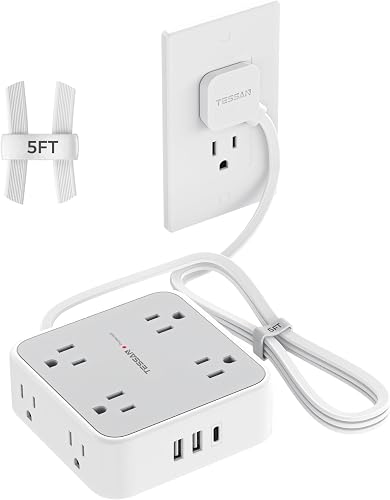 Flat Plug Power Bar, TESSAN 5 Ft Extension Cord Indoor with 8 Multi Outlets and 3 USB (1 USB C), Surge Protector Power Strip, Wall Mount Charging Station for Home Office Dorm, Gray