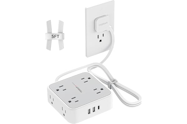Flat Plug Power Bar, TESSAN 5 Ft Extension Cord Indoor with 8 Multi Outlets and 3 USB (1 USB C), Surge Protector Power Strip,