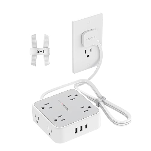 Flat Plug Power Bar, TESSAN 5 Ft Extension Cord Indoor with 8 Multi Outlets and 3 USB (1 USB C), Surge Protector Power Strip, Wall Mount Charging Station for Home Office Dorm, Gray