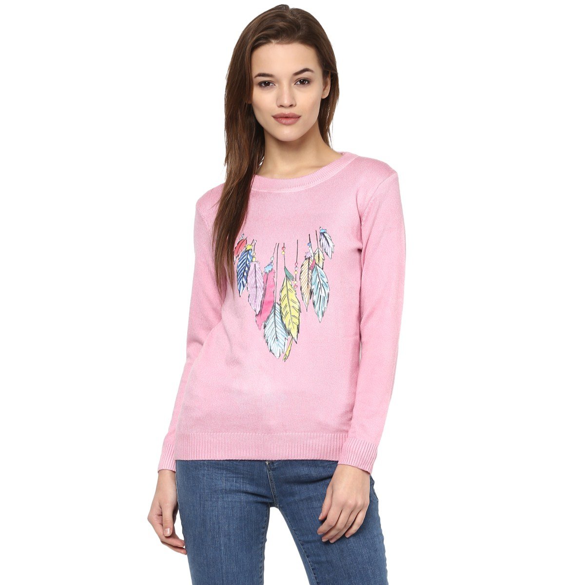 camey women's fashion stretchy round neck pink long sleeve pullovers sweaters top